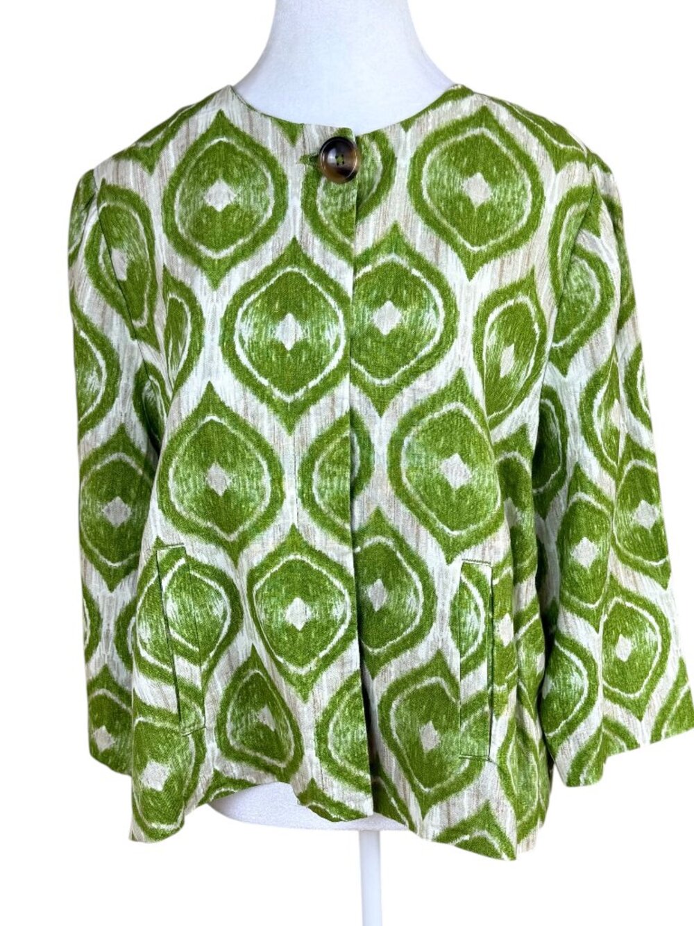 Chico’s Linen Jacket Modern Ikat Green Print ¾ Sleeve (2, US L) NWT